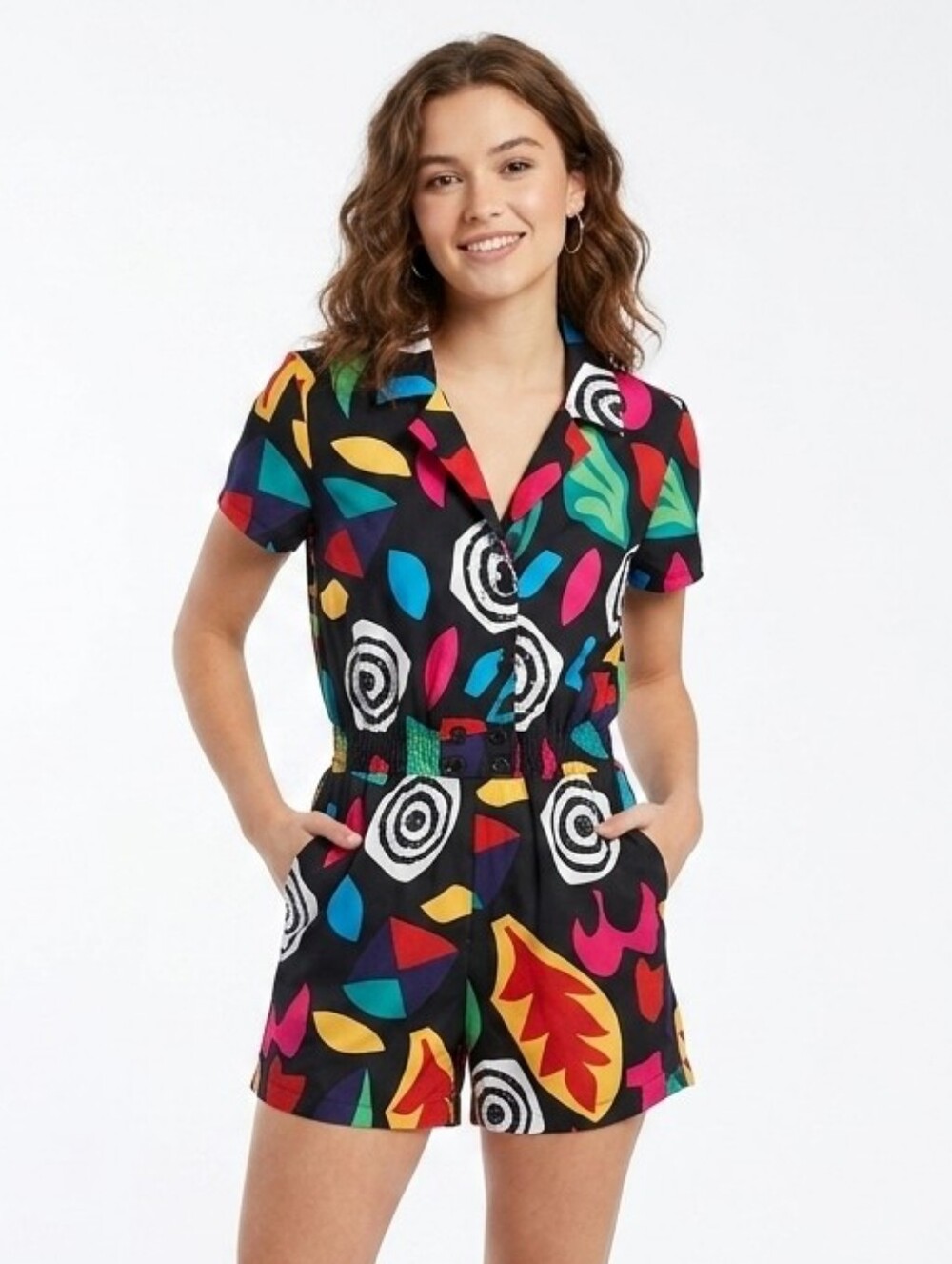 Clarisbelle Colorful Abstract Print Short Romper Elastic Waist V-Neck Size S